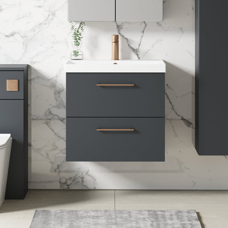 Lana 600mm Wall Hung 2 Drawer Vanity Unit & Basin - Satin Soft Black