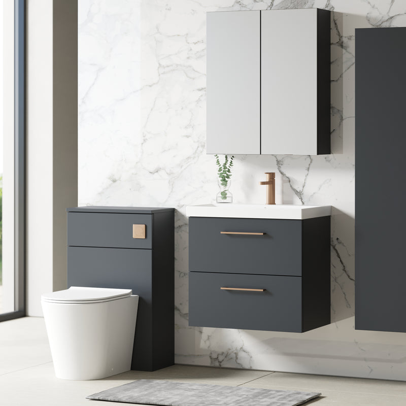 Lana 600mm Wall Hung 2 Drawer Vanity Unit & Basin - Satin Soft Black