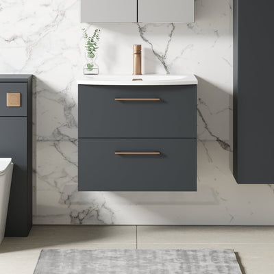 Lana 600mm Wall Hung 2 Drawer Vanity Unit & Basin - Satin Soft Black
