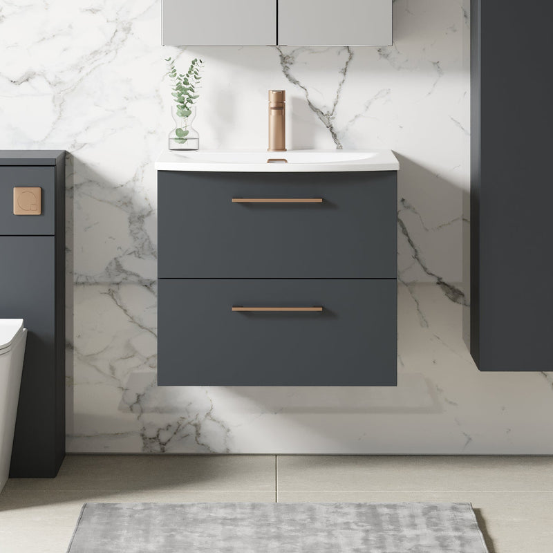 Lana 600mm Wall Hung 2 Drawer Vanity Unit & Basin - Satin Soft Black