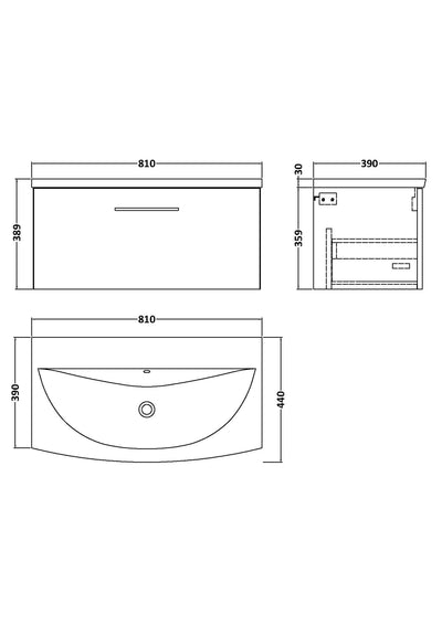 Lana 800mm Wall Hung 1 Drawer Vanity Unit & Basin - Satin Soft Black
