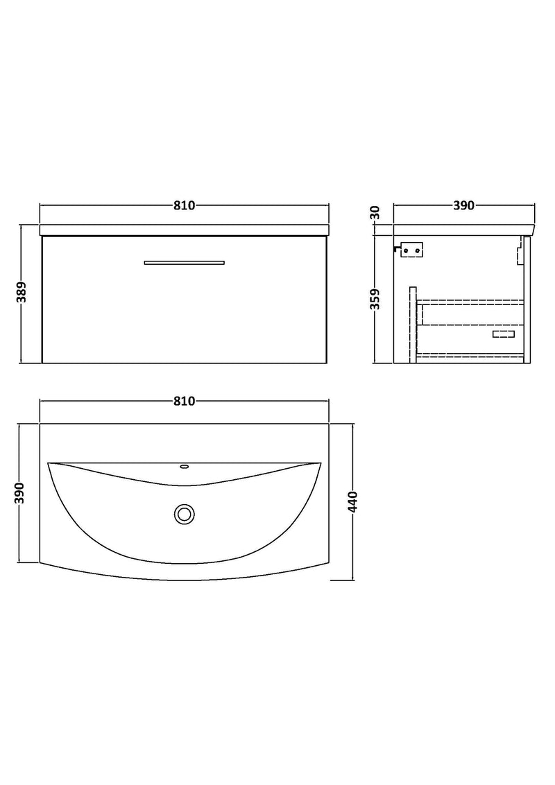 Lana 800mm Wall Hung 1 Drawer Vanity Unit & Basin - Satin Soft Black