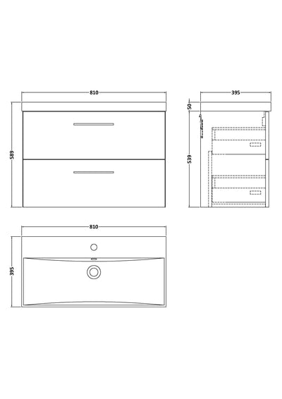 Lana 800mm Wall Hung 2 Drawer Vanity Unit & Basin - Satin Soft Black