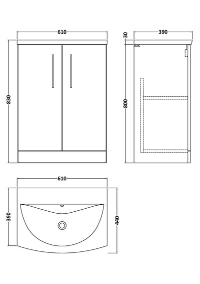 Lana 600mm Floorstanding 2 Door Vanity Unit & Basin - Satin Grey