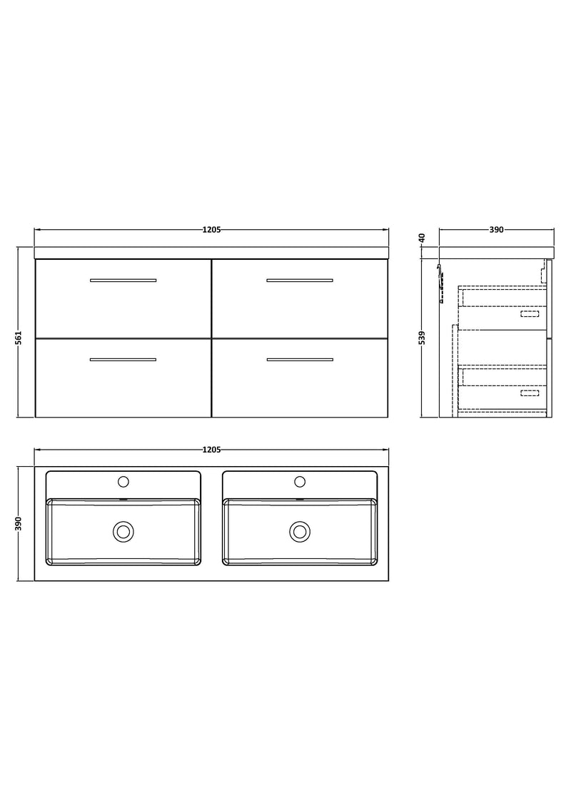 Lana 1200mm Wall Hung 4 Drawer Vanity Unit & Double Basin - Satin Grey