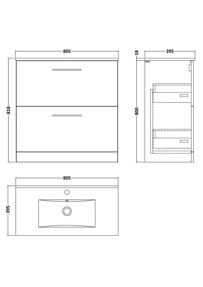 Lana 800mm Floor Standing 2 Drawer Vanity Unit & Basin Bathroom Furniture
