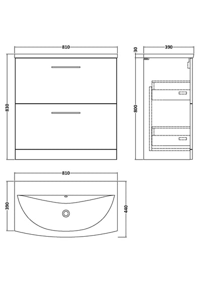 Lana 800mm Floor Standing 2 Drawer Vanity Unit & Basin Bathroom Furniture