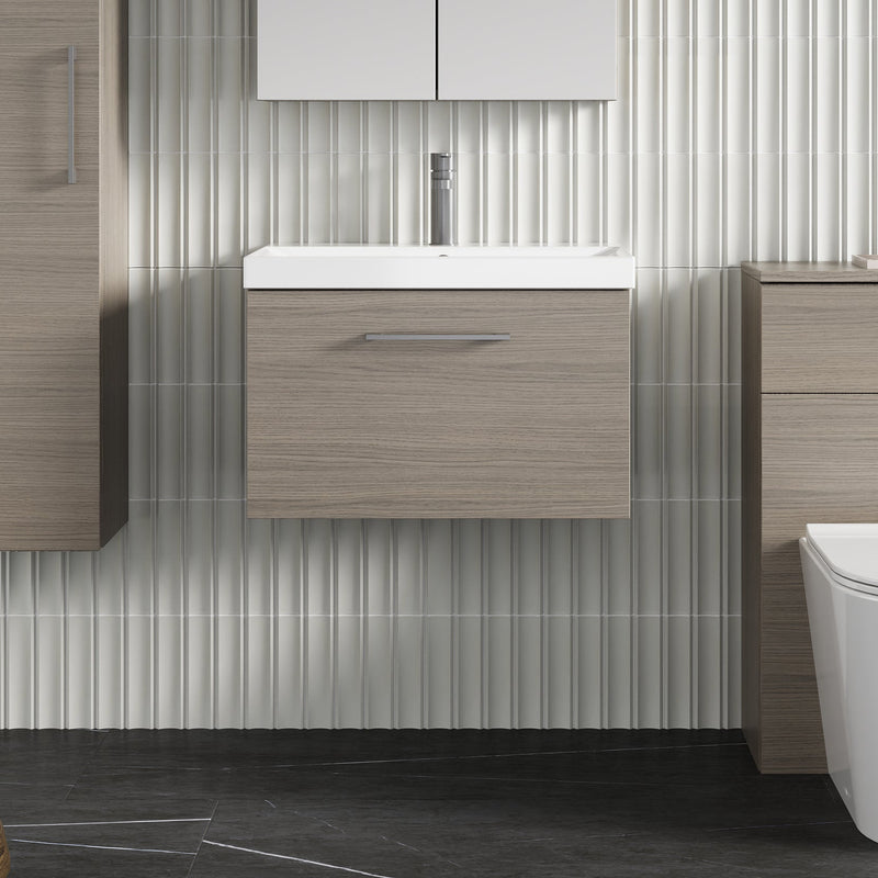 Lana 600mm Wall Hung 1 Drawer Vanity Unit & Basin - Solace Oak