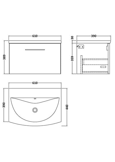 Lana 600mm Wall Hung 1 Drawer Vanity Unit & Basin - Satin Midnight Blue