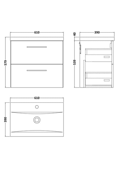 Lana 600mm Wall Hung 2 Drawer Vanity Unit & Basin - Satin Midnight Blue