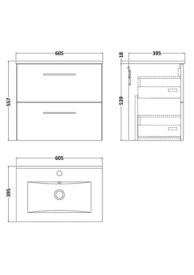 Lana 600mm Wall Hung 2 Drawer Vanity Unit & Basin - Satin Midnight Blue