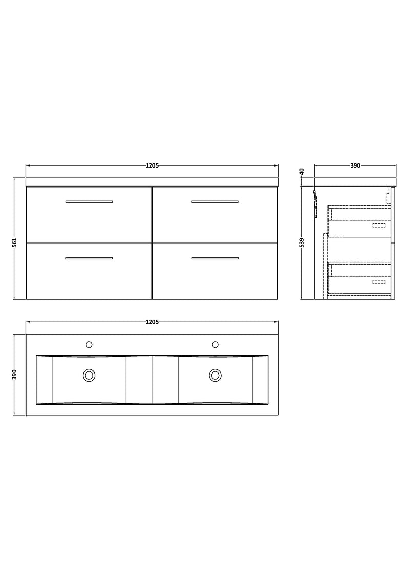 Lana 1200mm Wall Hung 4 Drawer Vanity Unit & Double Basin - Satin Midnight Blue
