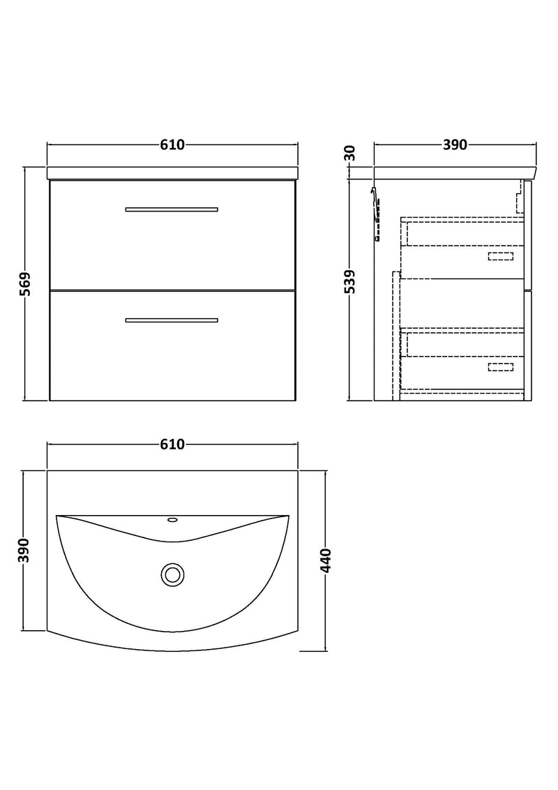 Lana 600mm Wall Hung 2 Drawer Vanity Unit & Basin - Satin Midnight Blue