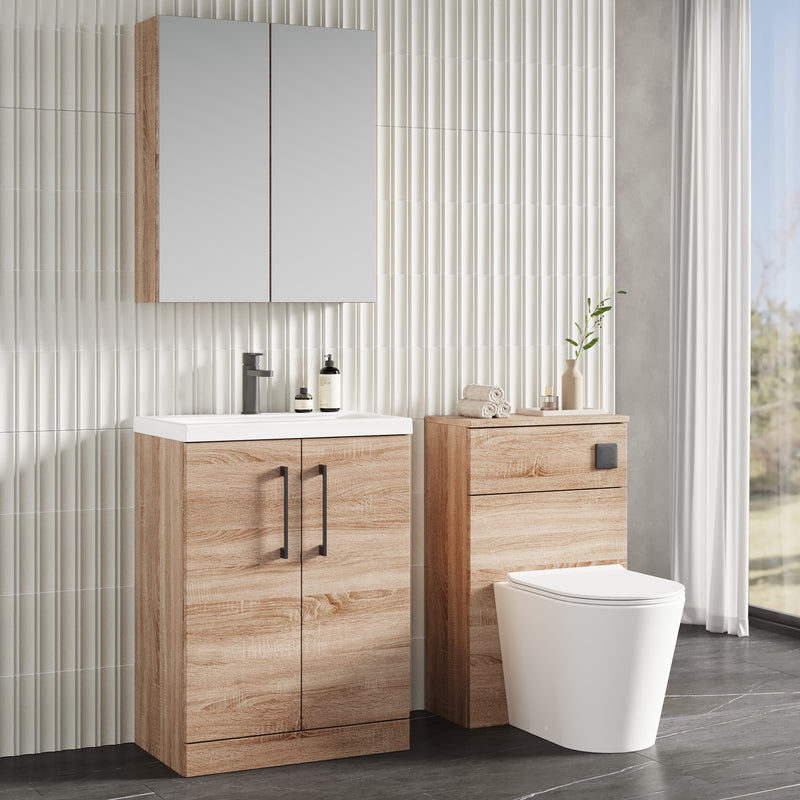 Lana 600mm Floorstanding 2 Door Vanity Unit & Basin - Bleached Oak