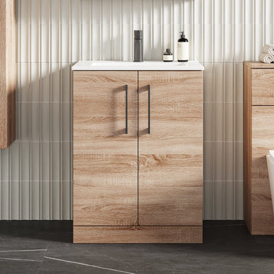 Lana 600mm Floorstanding 2 Door Vanity Unit & Basin - Bleached Oak