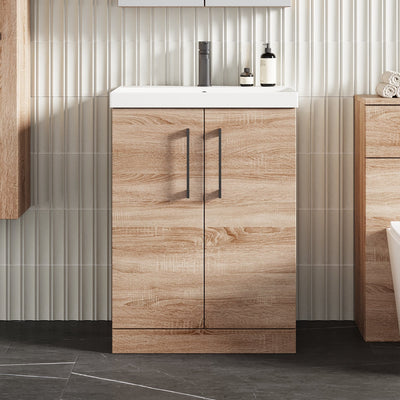 Lana 600mm Floorstanding 2 Door Vanity Unit & Basin - Bleached Oak