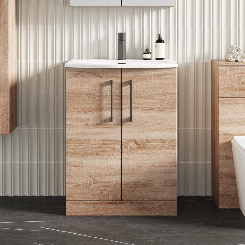 Lana 600mm Floorstanding 2 Door Vanity Unit & Basin - Bleached Oak