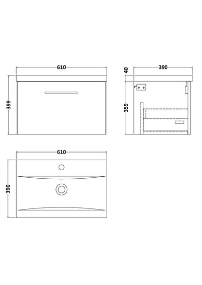Lana 600mm Wall Hung 1 Drawer Vanity Unit & Basin - Bleached Oak