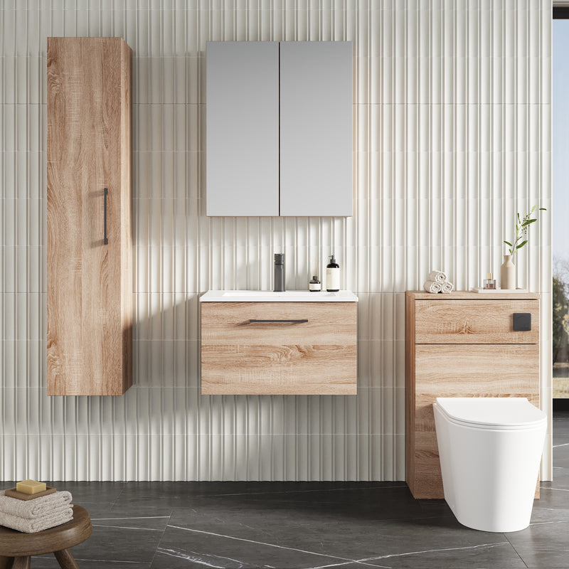 Lana 600mm Wall Hung 1 Drawer Vanity Unit & Basin - Bleached Oak