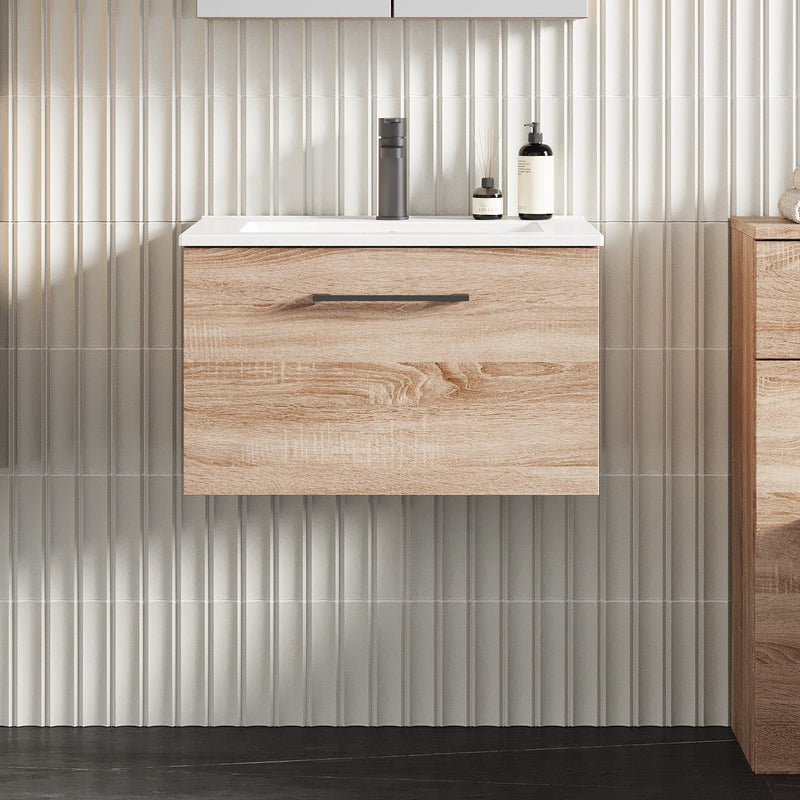 Lana 600mm Wall Hung 1 Drawer Vanity Unit & Basin - Bleached Oak