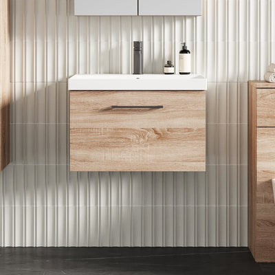 Lana 600mm Wall Hung 1 Drawer Vanity Unit & Basin - Bleached Oak