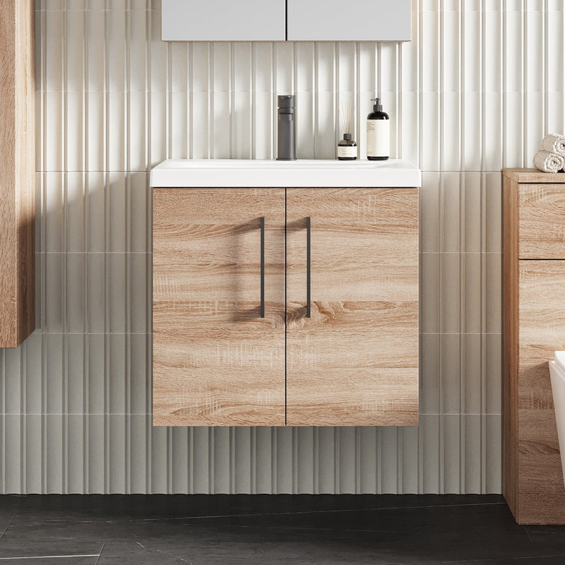 Lana 600mm Wall Hung 2 Door Vanity Unit & Basin - Bleached Oak