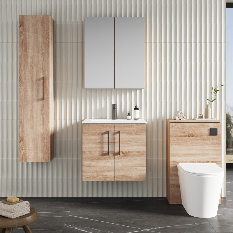 Lana 600mm Wall Hung 2 Door Vanity Unit & Basin - Bleached Oak
