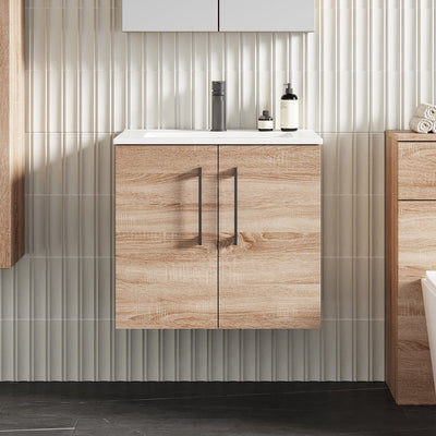 Lana 600mm Wall Hung 2 Door Vanity Unit & Basin - Bleached Oak