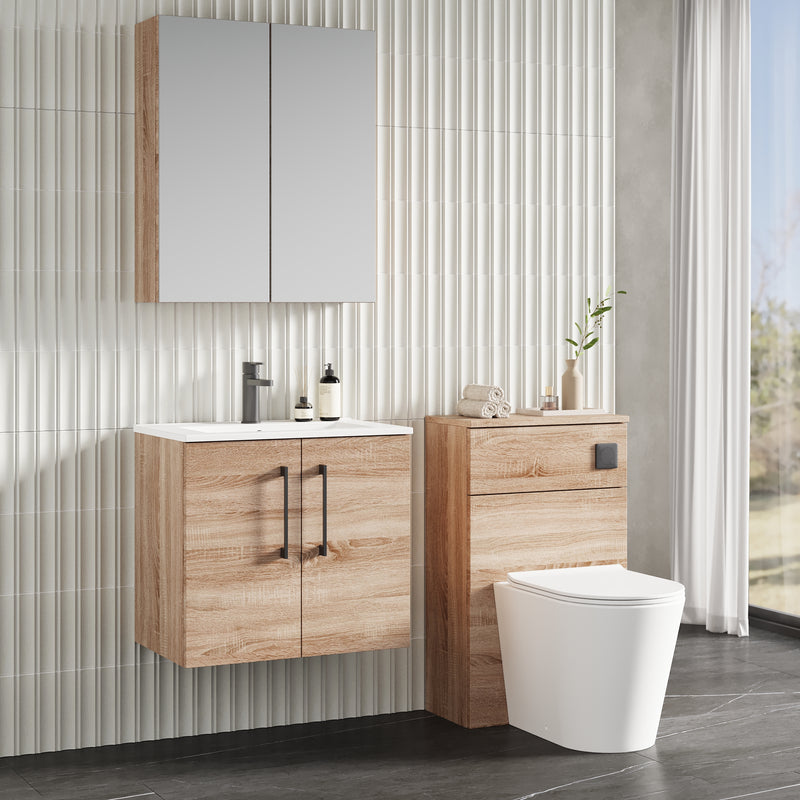 Lana 600mm Wall Hung 2 Door Vanity Unit & Basin - Bleached Oak