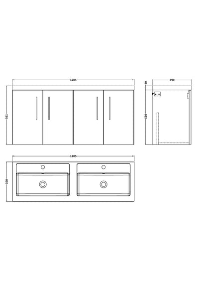 Lana 1200mm Wall Hung 4 Door Vanity Unit & Double Basin - Bleached Oak