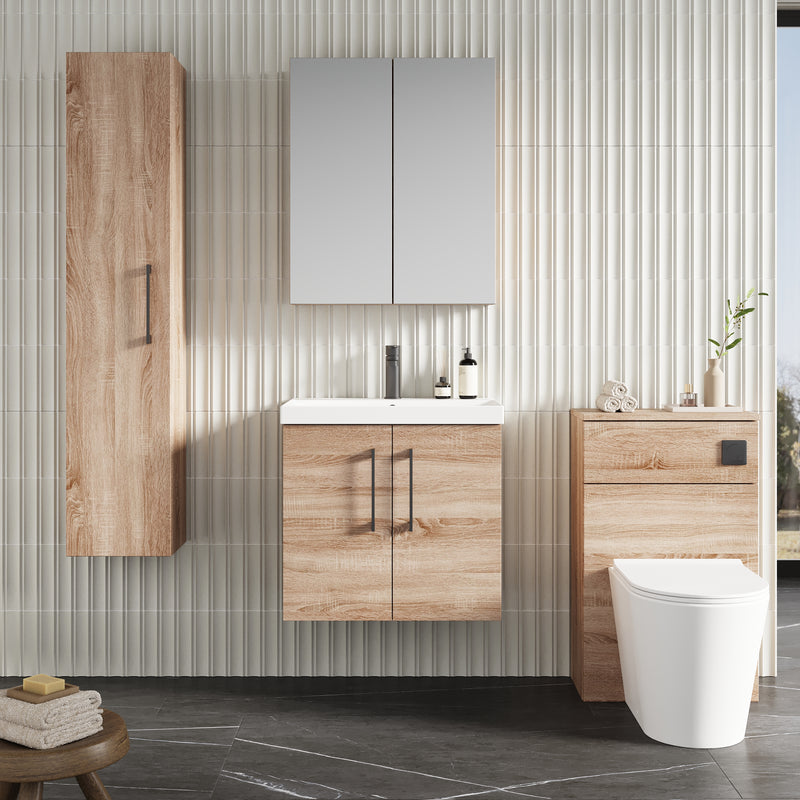 Lana 600mm Wall Hung 2 Door Vanity Unit & Basin - Bleached Oak