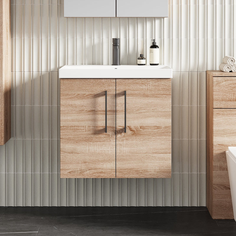 Lana 600mm Wall Hung 2 Door Vanity Unit & Basin - Bleached Oak