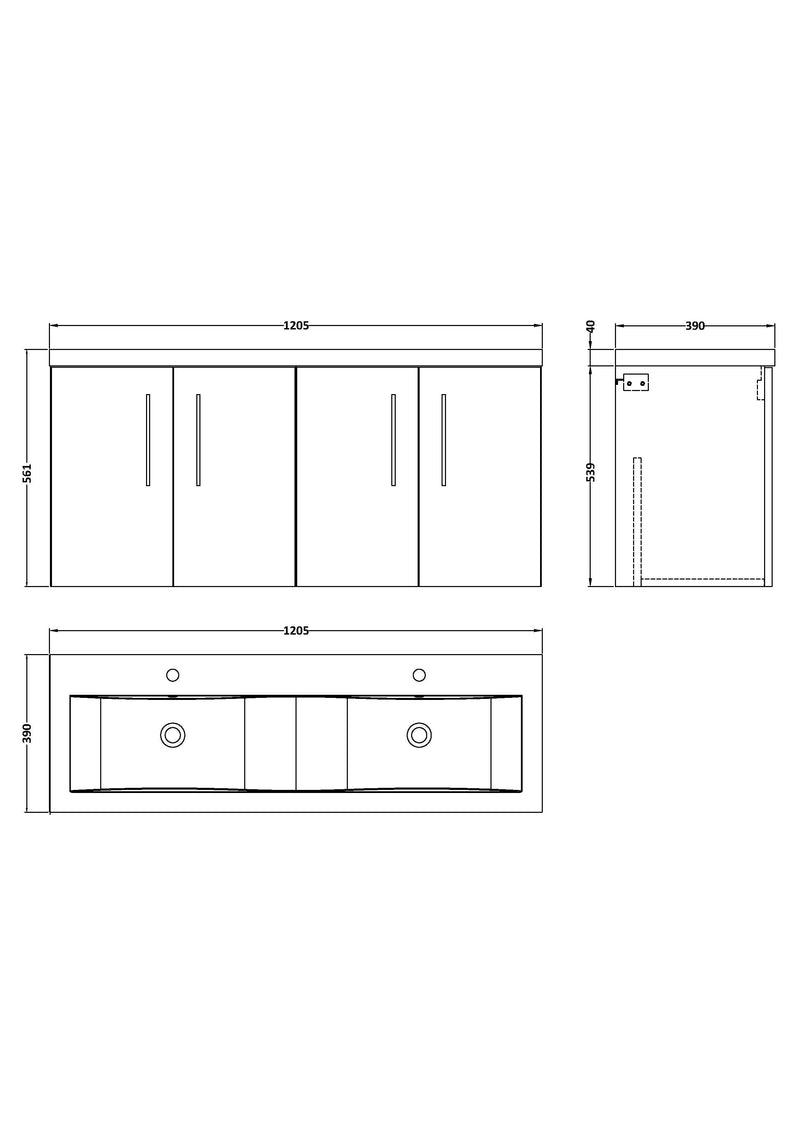 Lana 1200mm Wall Hung 4 Door Vanity Unit & Double Basin - Bleached Oak