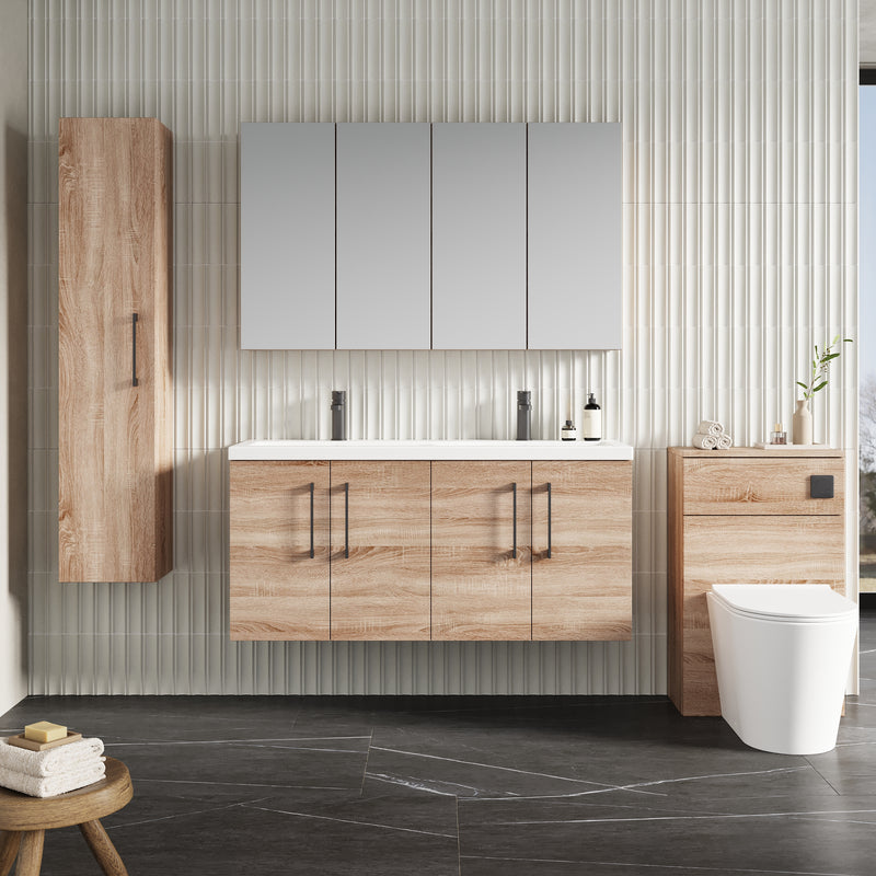Lana 1200mm Wall Hung 4 Door Vanity Unit & Double Basin - Bleached Oak