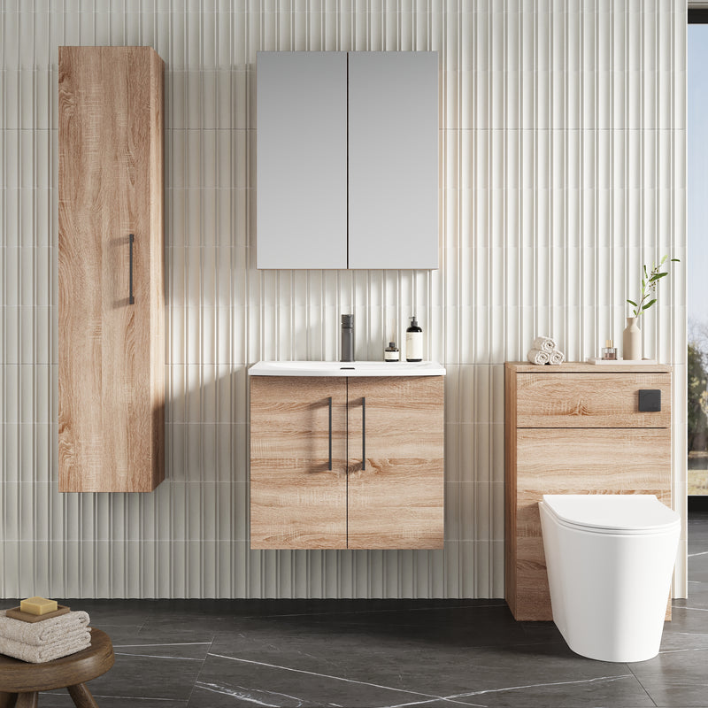 Lana 600mm Wall Hung 2 Door Vanity Unit & Basin - Bleached Oak