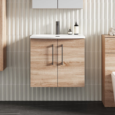Lana 600mm Wall Hung 2 Door Vanity Unit & Basin - Bleached Oak