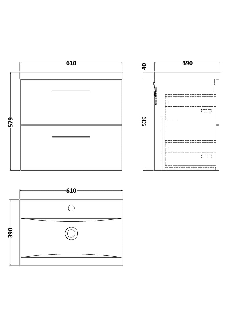 Lana 600mm Wall Hung 2 Drawer Vanity Unit & Basin - Bleached Oak