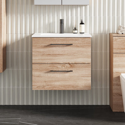Lana 600mm Wall Hung 2 Drawer Vanity Unit & Basin - Bleached Oak