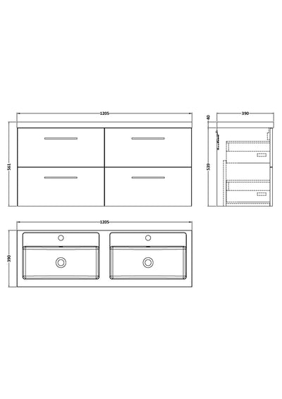 Lana 1200mm Wall Hung 4 Drawer Vanity Unit & Double Basin - Bleached Oak