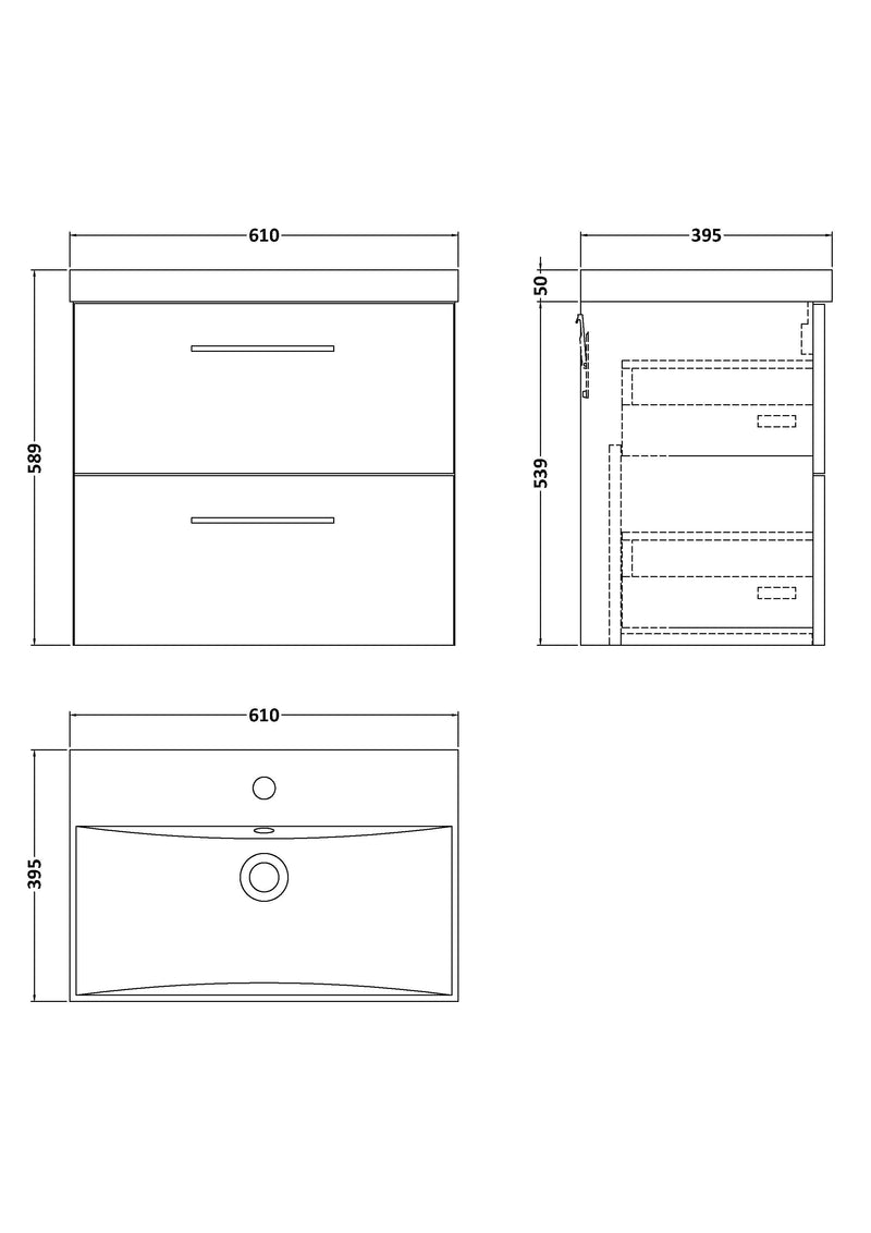 Lana 600mm Wall Hung 2 Drawer Vanity Unit & Basin - Bleached Oak
