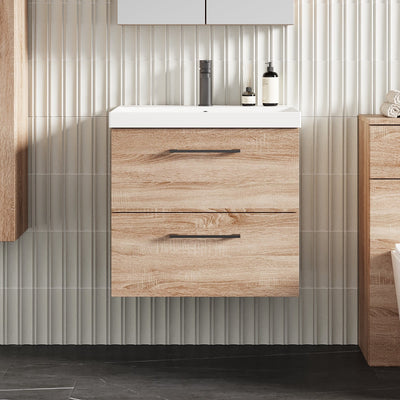 Lana 600mm Wall Hung 2 Drawer Vanity Unit & Basin - Bleached Oak