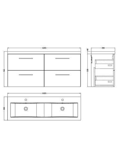 Lana 1200mm Wall Hung 4 Drawer Vanity Unit & Double Basin - Bleached Oak