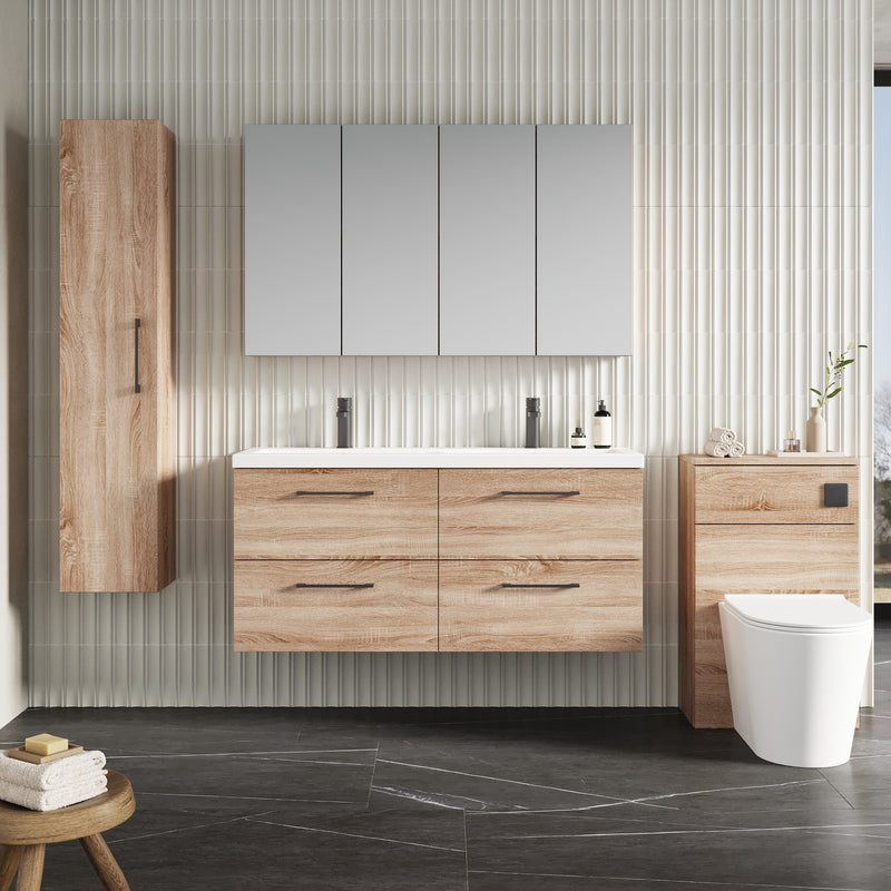Lana 1200mm Wall Hung 4 Drawer Vanity Unit & Double Basin - Bleached Oak