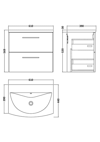 Lana 600mm Wall Hung 2 Drawer Vanity Unit & Basin - Bleached Oak