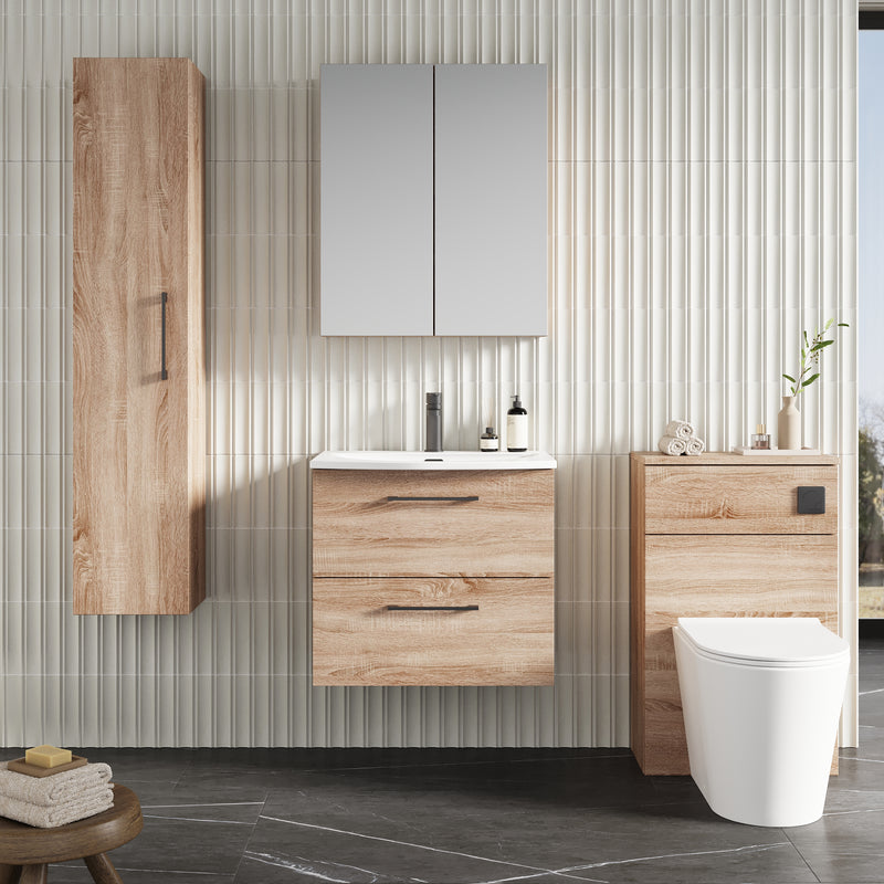 Lana 600mm Wall Hung 2 Drawer Vanity Unit & Basin - Bleached Oak
