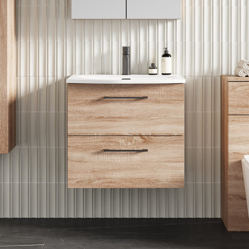 Lana 600mm Wall Hung 2 Drawer Vanity Unit & Basin - Bleached Oak