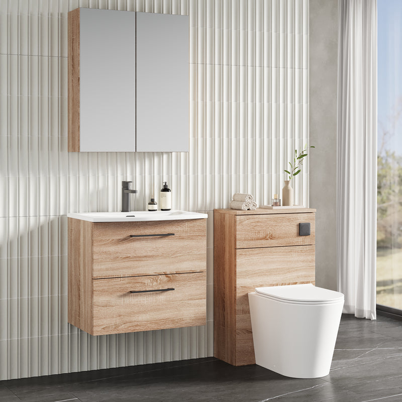 Lana 600mm Wall Hung 2 Drawer Vanity Unit & Basin - Bleached Oak
