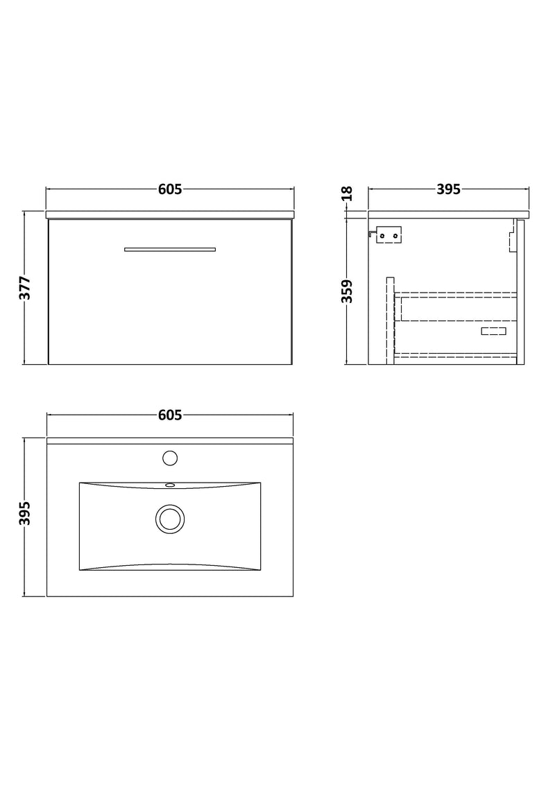 Lana 600mm Wall Hung 1 Drawer Vanity Unit & Basin - Anthracite Woodgrain
