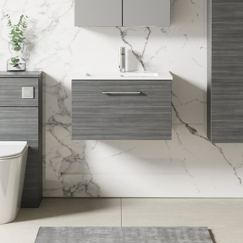 Lana 600mm Wall Hung 1 Drawer Vanity Unit & Basin - Anthracite Woodgrain