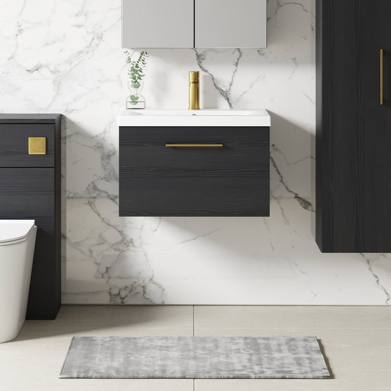 Lana 600mm Wall Hung 1 Drawer Vanity Unit & Basin - Charcoal Black Woodgrain